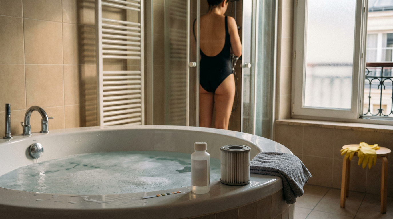 Mousse blanche à la surface d’un spa