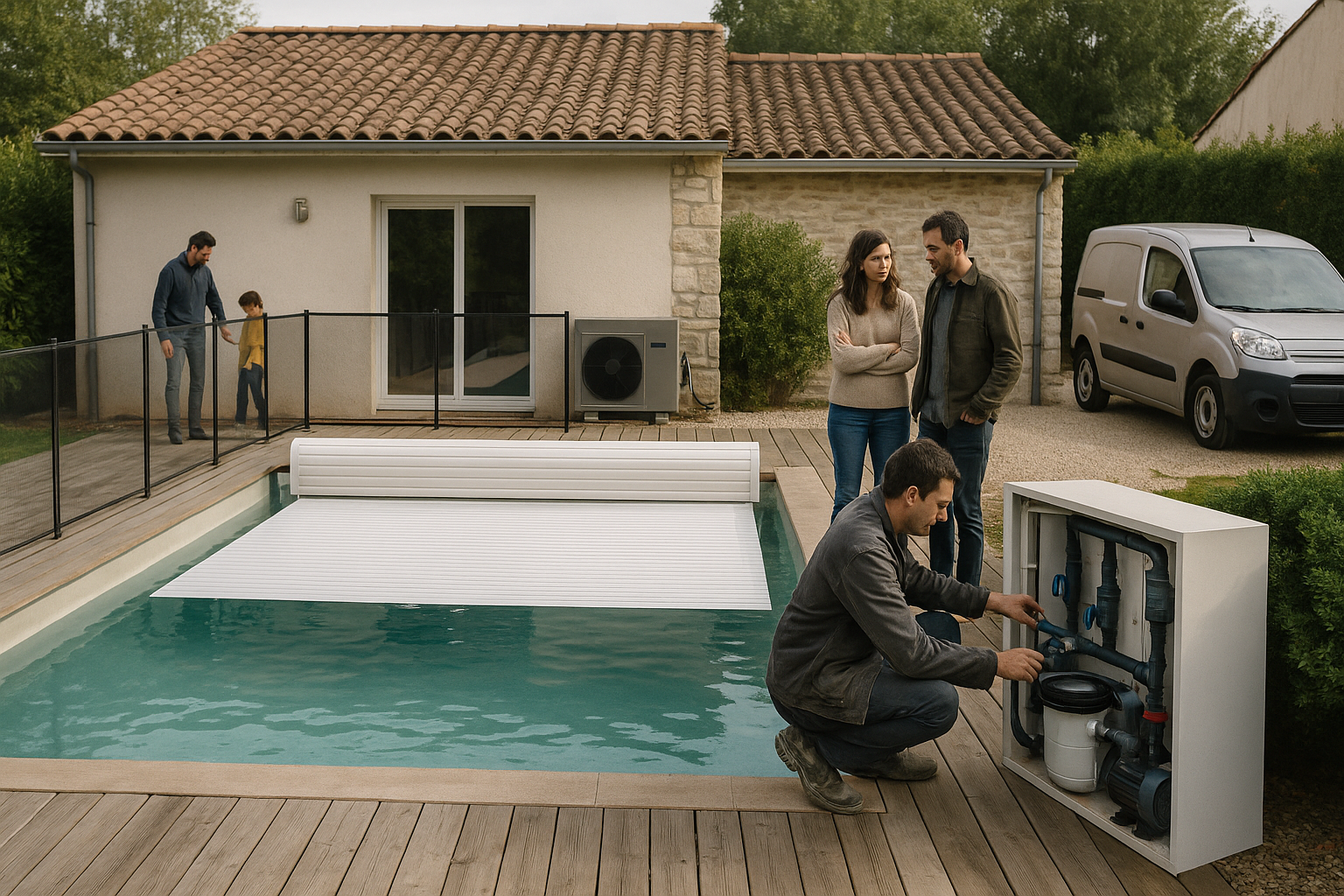 Piscine avec couverture et am&eacute;nagement sobre